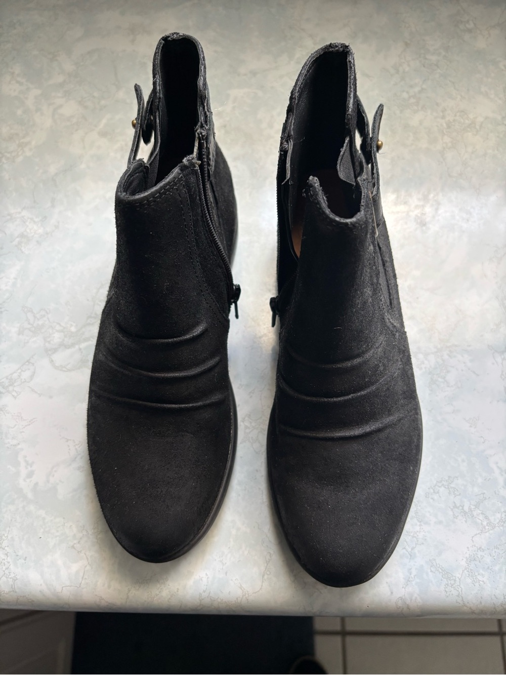Clarks Black Suede Ankle Booties with Side Zip and Buckle
